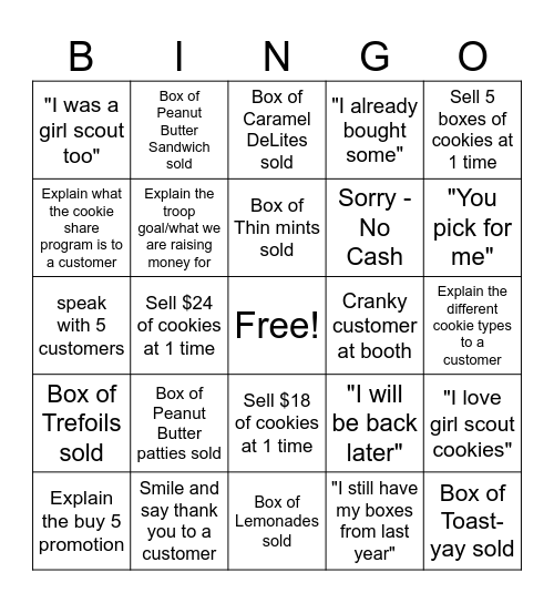 Girl Scout Cookie Booth Bingo Card