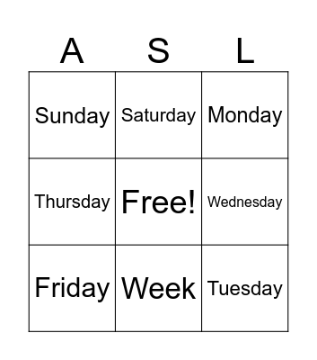 ASL Days of the Week Bingo Card