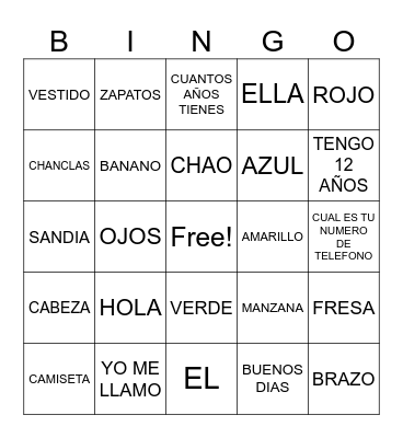 Spanish class Bingo Card