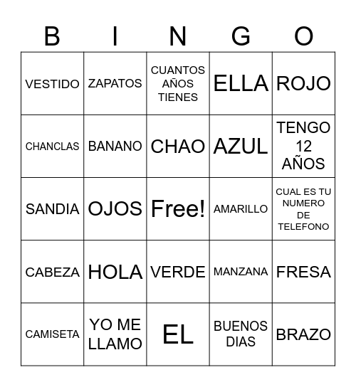 Spanish class Bingo Card