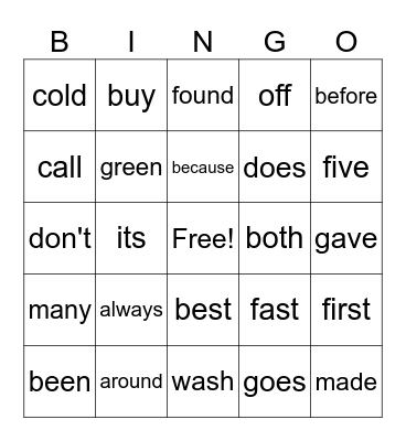 2nd Grade Dolch Words A Bingo Card