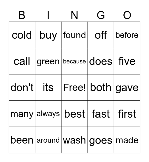 2nd Grade Dolch Words A Bingo Card