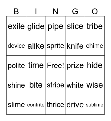 Long i with i-C-e Bingo Card