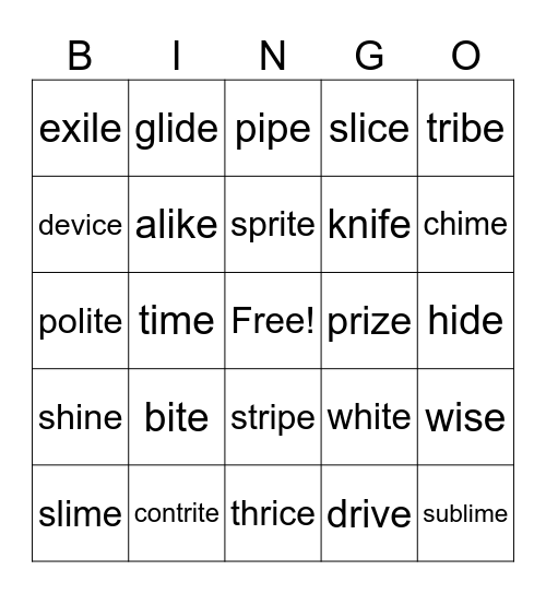 Long i with i-C-e Bingo Card