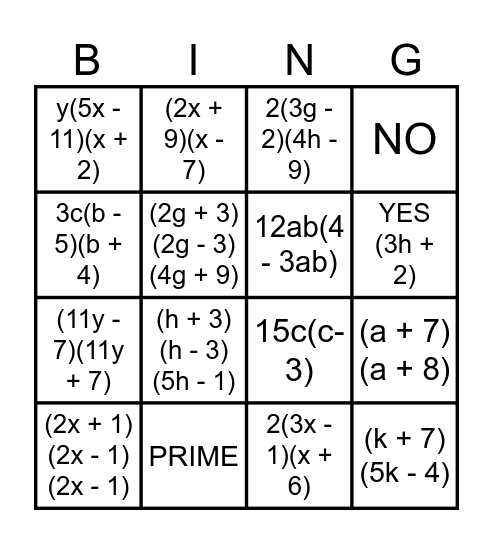 Factoring Practice Bingo Card