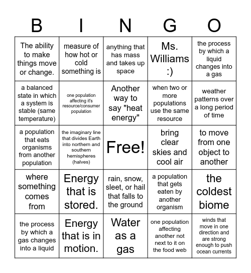 6th Grade Science Bingo Card