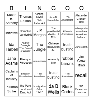 Unit 1. Reconstruction and Industrialization Bingo Card