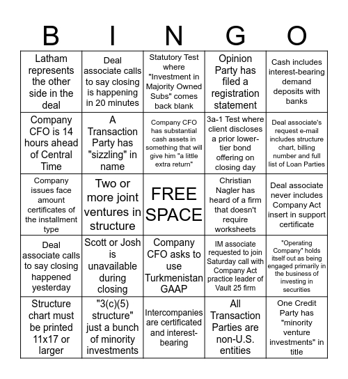 Company Act Opinion Bingo Card