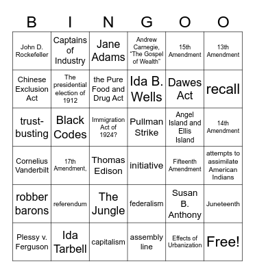 Unit 1. Reconstruction and Industrialization Bingo Card