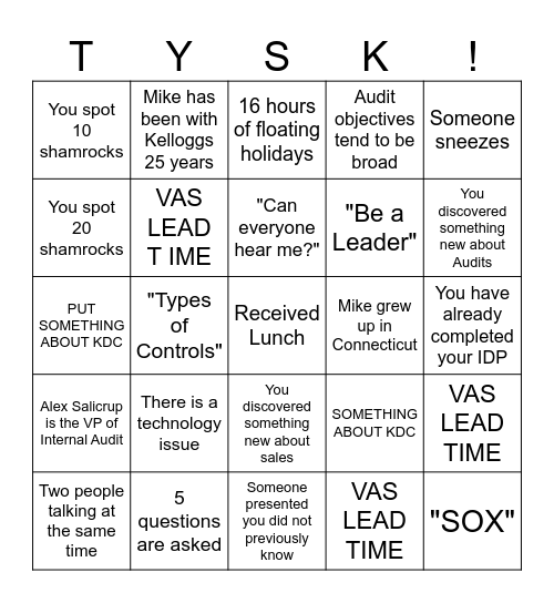 March TYSK! Bingo Card