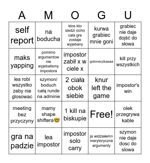 amogus toważyszawki Bingo Card