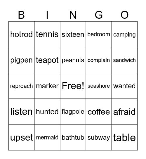 2 syllable words Bingo Card
