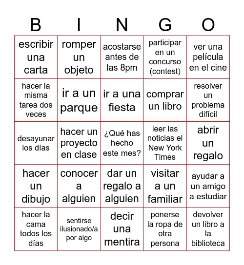 ¿Qué has hecho este mes? Bingo Card