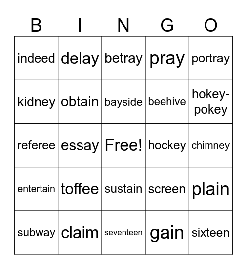 ai, ay, ee, ey Bingo Card