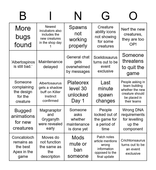 Update 3.5 BINGO Game Bingo Card