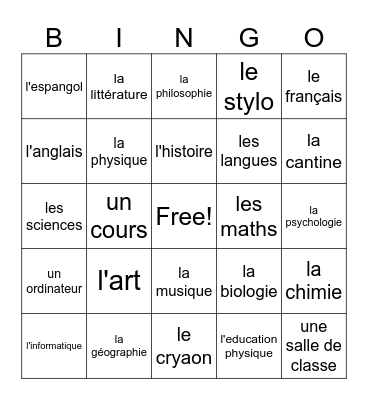 Les sujets d'écoles Bingo Card