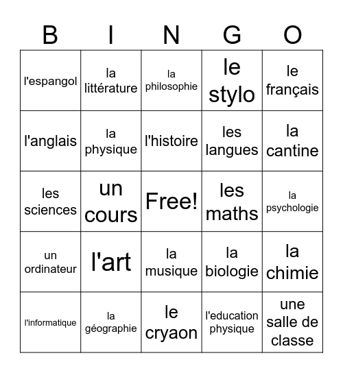 Les sujets d'écoles Bingo Card