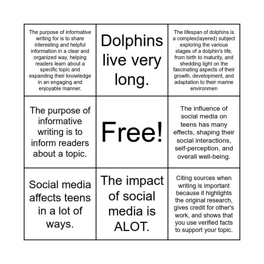 Thesis Statement Bingo Card