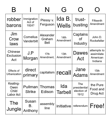 Unit 1. Reconstruction and Industrialization Bingo Card
