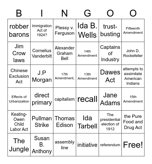 Unit 1. Reconstruction and Industrialization Bingo Card