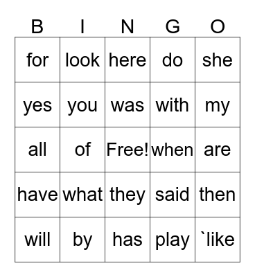 Heart Words Bingo Card