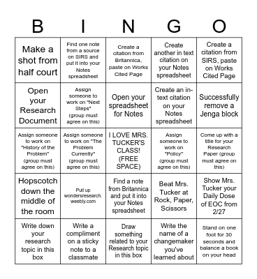 Research Week Bingo! You have to get Bingo twice! Bingo Card