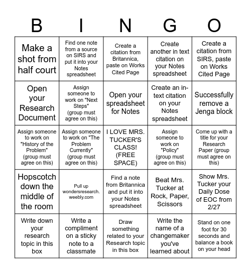 Research Week Bingo! You have to get Bingo twice! Bingo Card