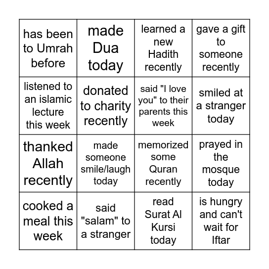 FIND SOMEONE WHO RAMADAN BINGO Card