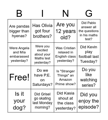 Short answers YES/NO BINGO. Bingo Card