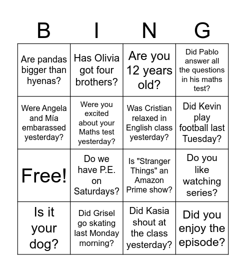 Short answers YES/NO BINGO. Bingo Card