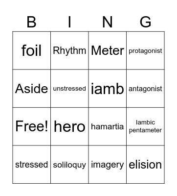 English class Bingo Card