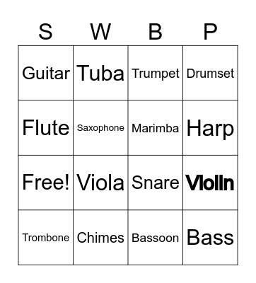 Instrument Bingo! Bingo Card