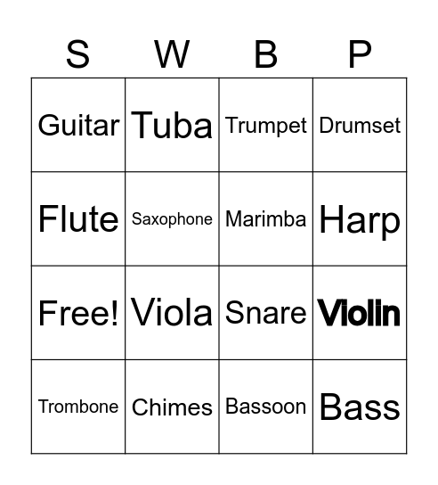 Instrument Bingo! Bingo Card