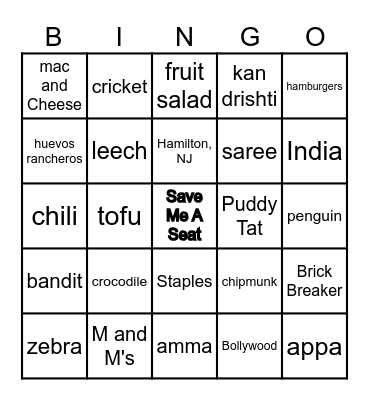 Save Me A Seat Bingo Card