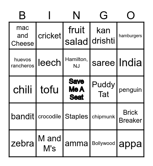 Save Me A Seat Bingo Card