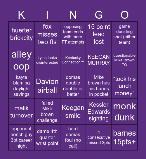 KINGS vs BUCKS (3/12/24) Bingo Card