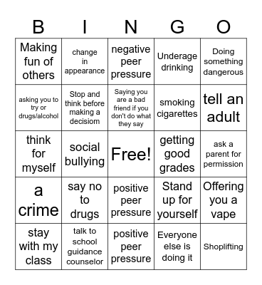 Peer Pressure Bingo Card