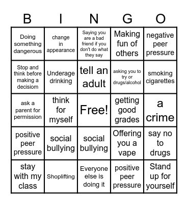 Peer Pressure Bingo Card
