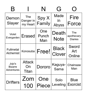 Anime Opening Bingo Card