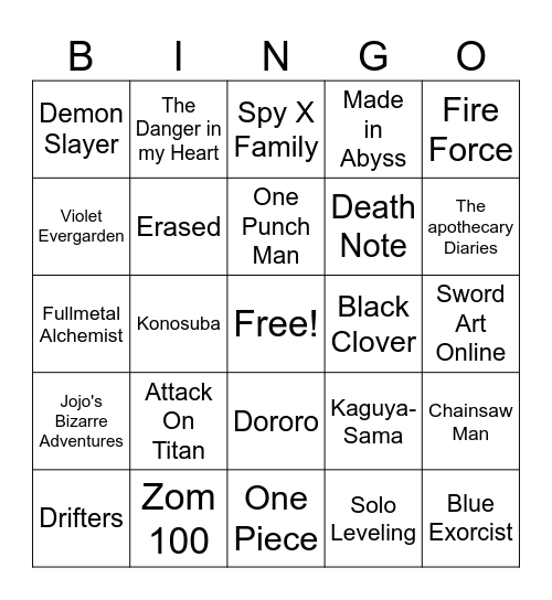 Anime Opening Bingo Card