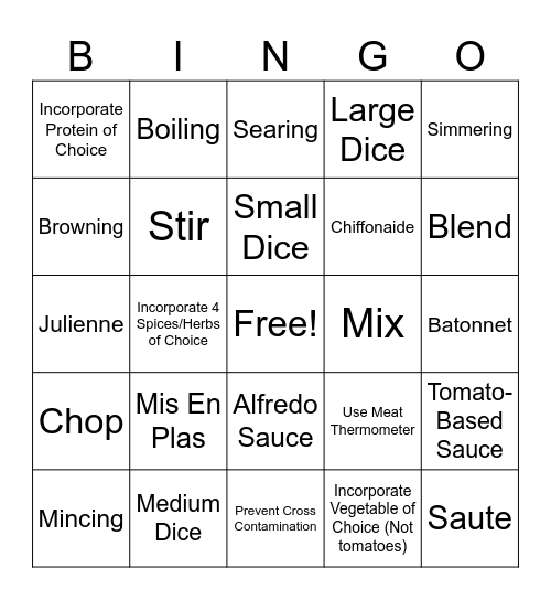 Cooking Skills Review BINGO Card