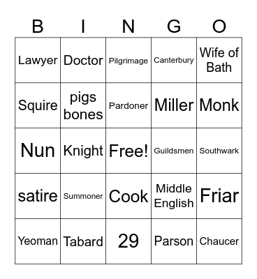 Canterbury Tales Bingo Card