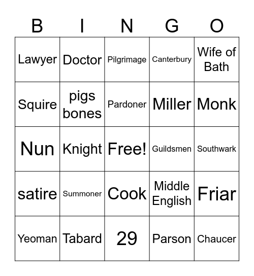 Canterbury Tales Bingo Card