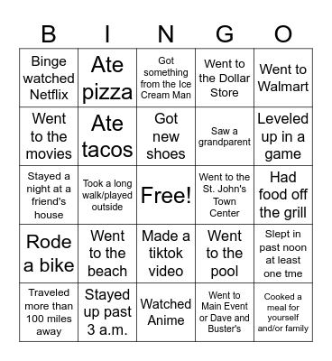 Spring Break Bingo Card