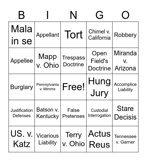 Block 4 Review: Con and Crim Law Bingo Card