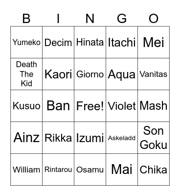 Anime Bingo Card