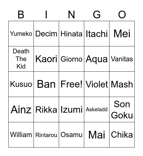 Anime Bingo Card