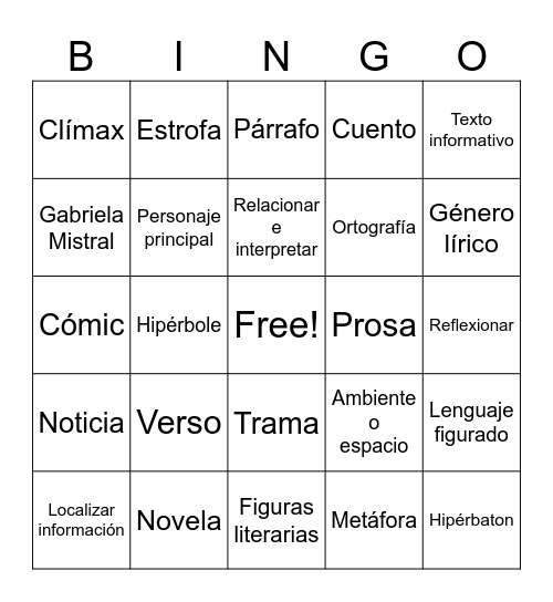 BINGO DE LENGUA Y LITERATURA Bingo Card