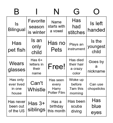 Speed Friending Bingo Card
