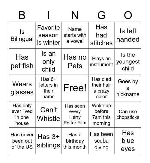 Speed Friending Bingo Card